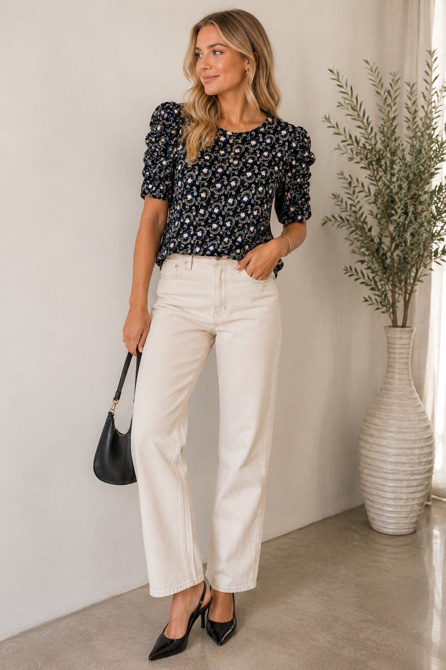 Ann Taylor Black Floral Ruched Sleeve Blouse Womens S Preppy Fall Classic Puff